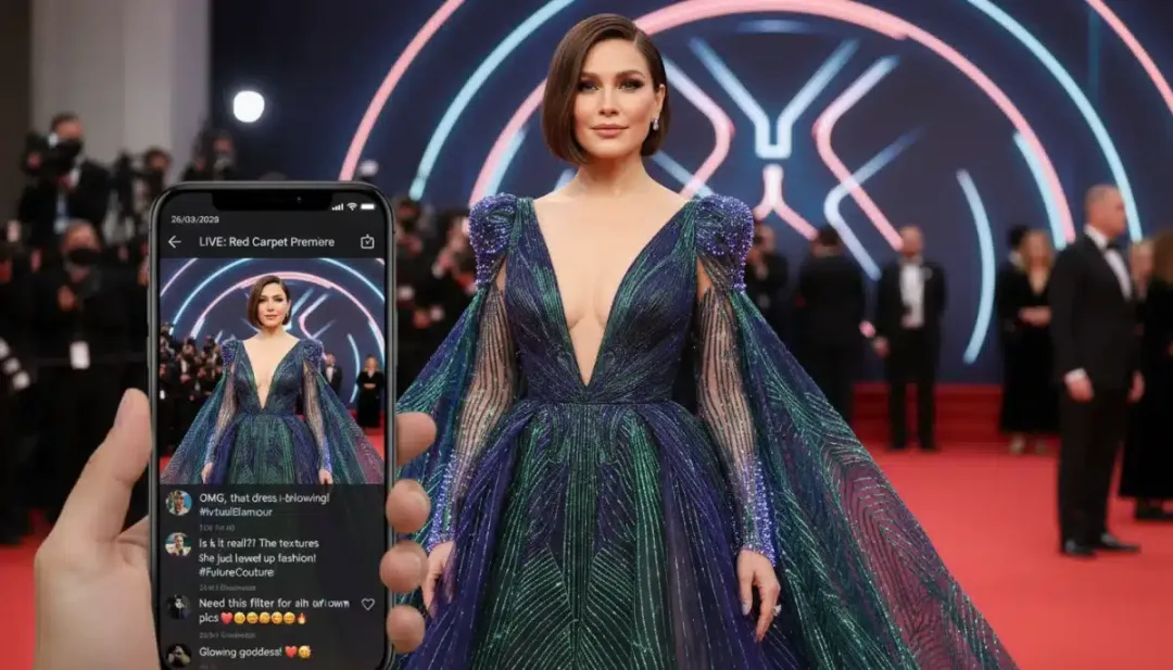 Celebrity in virtual fashion gown, live social media reactions to red carpet style in 2026.