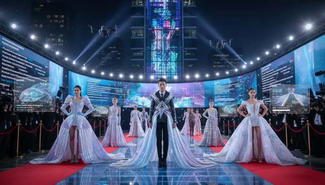 Futuristic red carpet event showcasing digital fashion influences and celebrity engagement in 2026.
