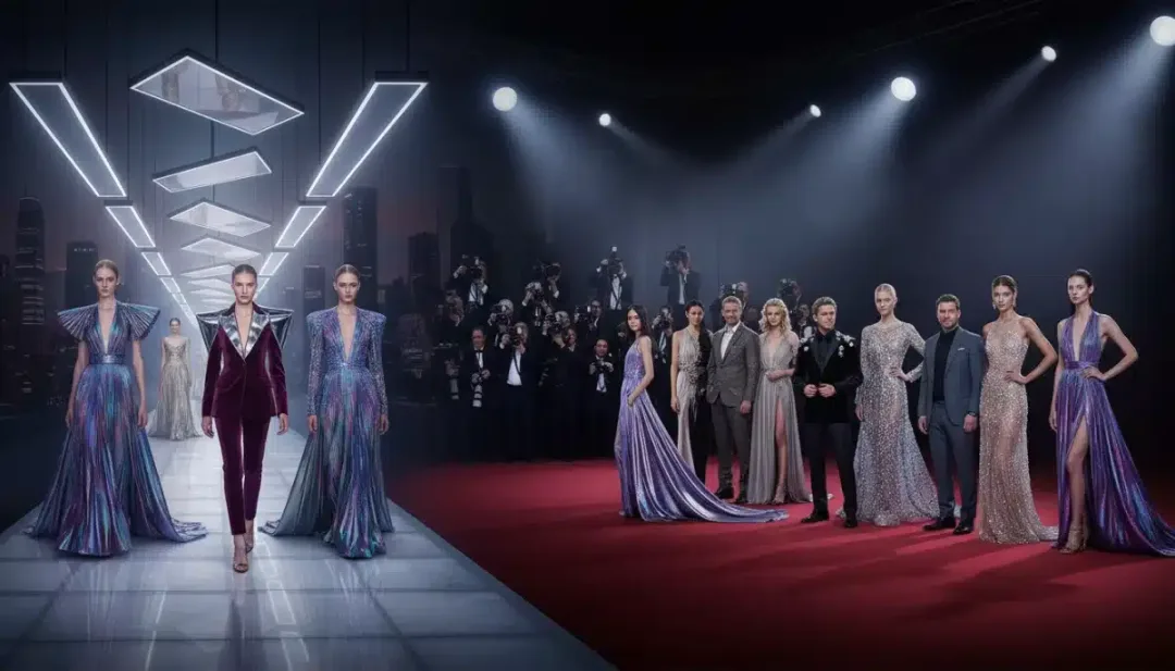 Dynamic visual of 2026 fashion trends transitioning from runway to red carpet, showcasing stylistic evolution.