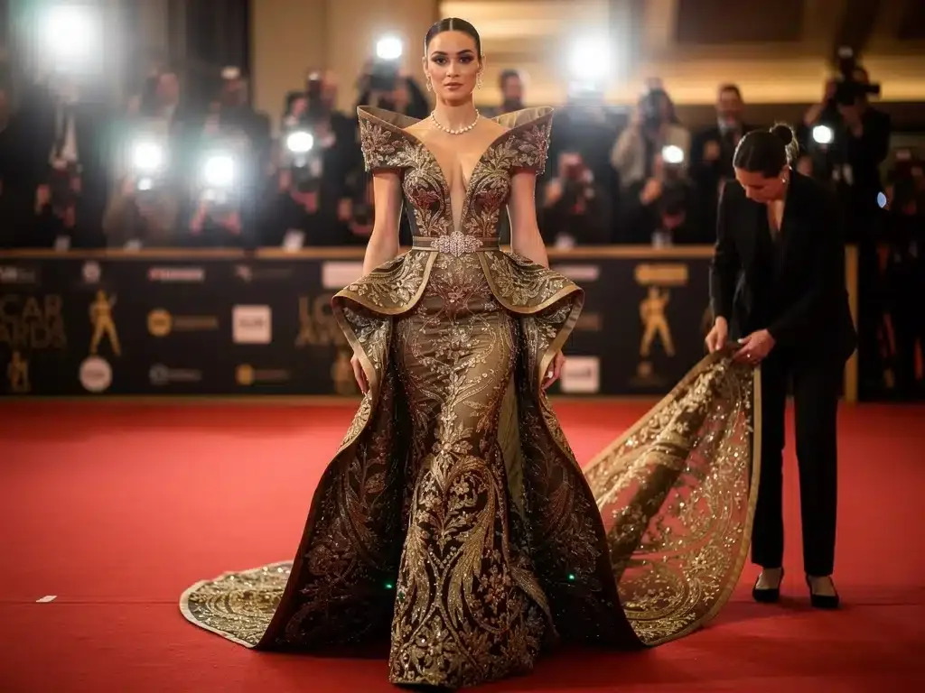Celebrity on red carpet in avant-garde gown, representing stylist red carpet influence in action.