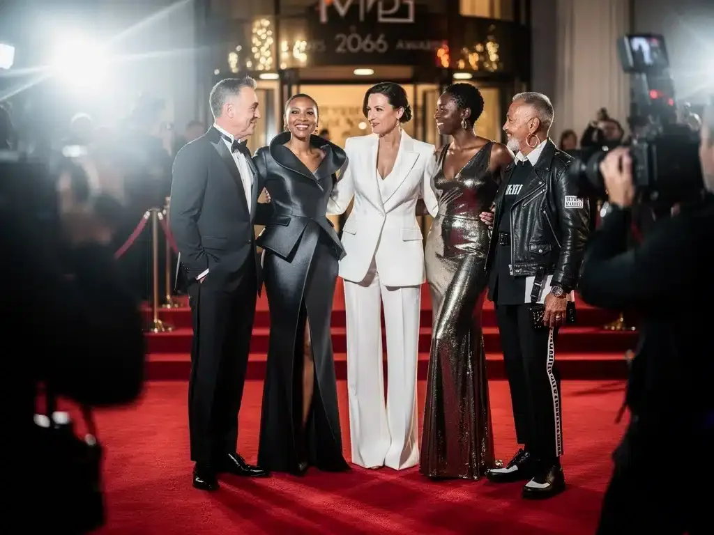 Five influential fashion stylists on a red carpet, embodying the power of stylist red carpet influence for 2026.