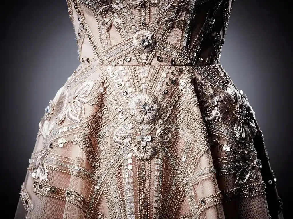 Intricately beaded gown by a leading red carpet designer, highlighting exquisite craftsmanship.
