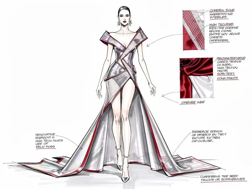 Fashion sketch of a futuristic red carpet dress, symbolizing innovative design for 2026.