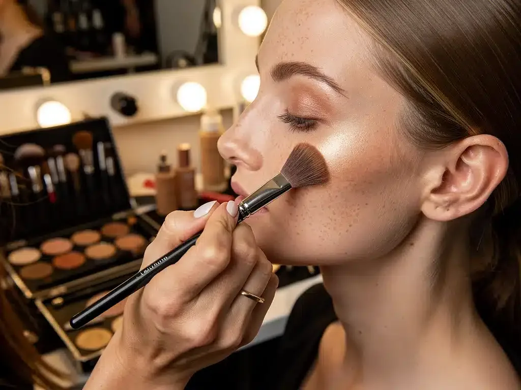 Makeup artist applying highlighter for a natural, dewy red carpet glow.