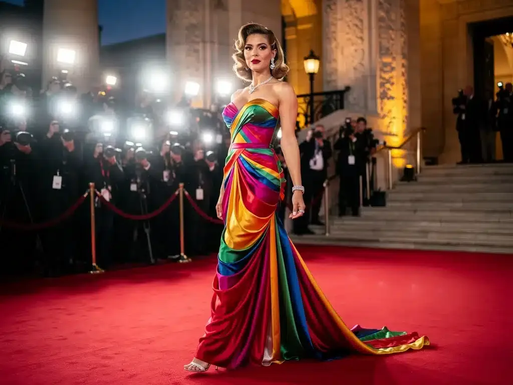 Celebrity in vibrant custom gown showcasing 2023 red carpet fashion trends.