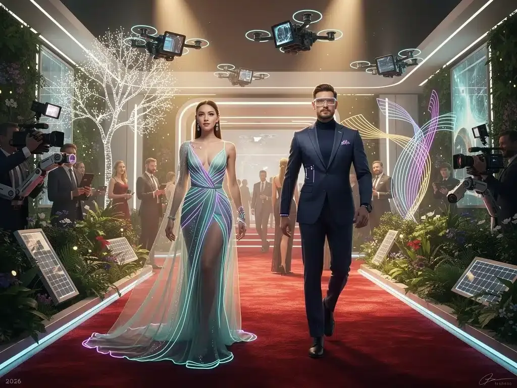 Futuristic red carpet fashion in 2026, highlighting sustainable and technologically integrated designs.