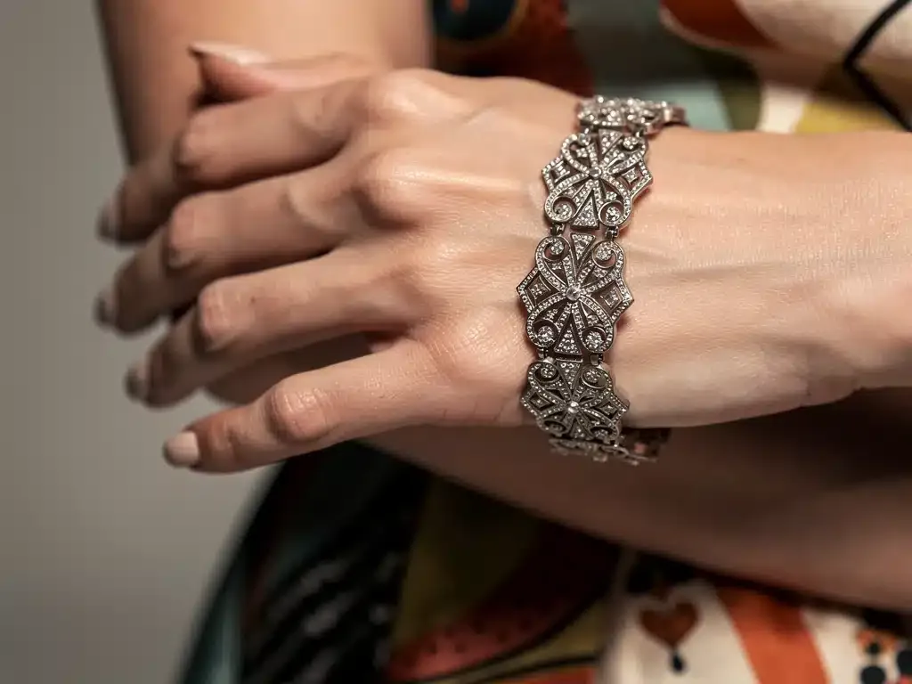 Close-up of vintage diamond bracelet on celebrity's wrist