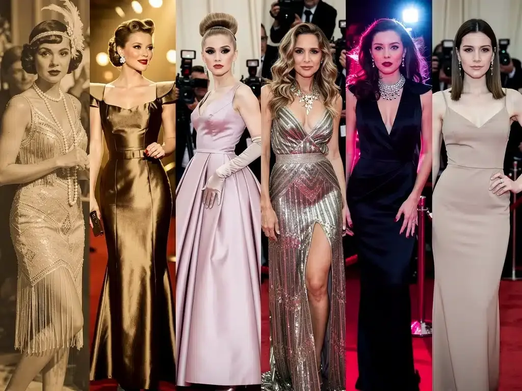 Montage of celebrity vintage red carpet looks through eras