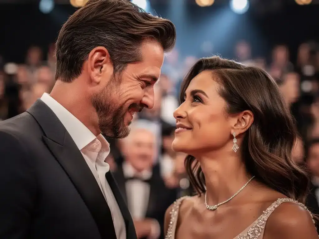 A celebrity couple, known for their second chance, shares a tender moment on the red carpet.