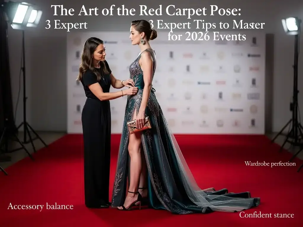 Stylist adjusting gown for perfect red carpet pose