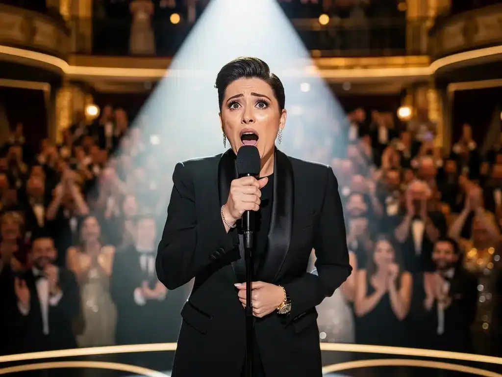 Celebrity on stage at an award show, looking surprised and emotional while holding a microphone.