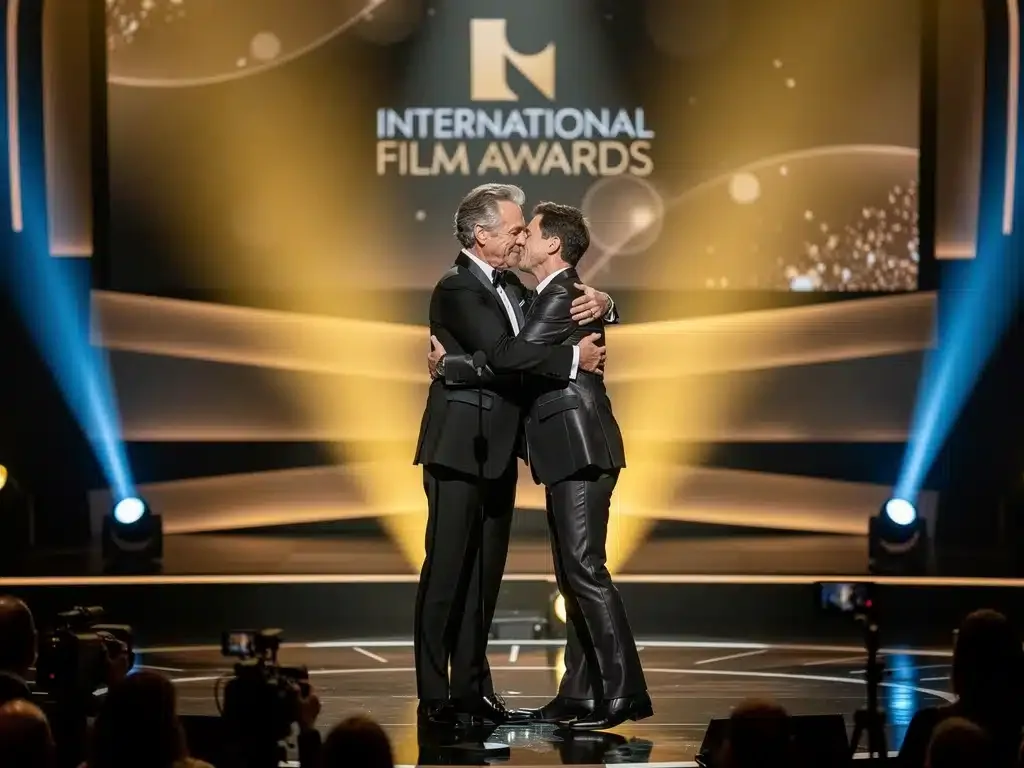 Two famous actors embracing on an award show stage after a powerful speech, showing genuine camaraderie.