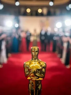 Golden award statuette with a blurred red carpet event in the background, symbolizing unforgettable award show moments.