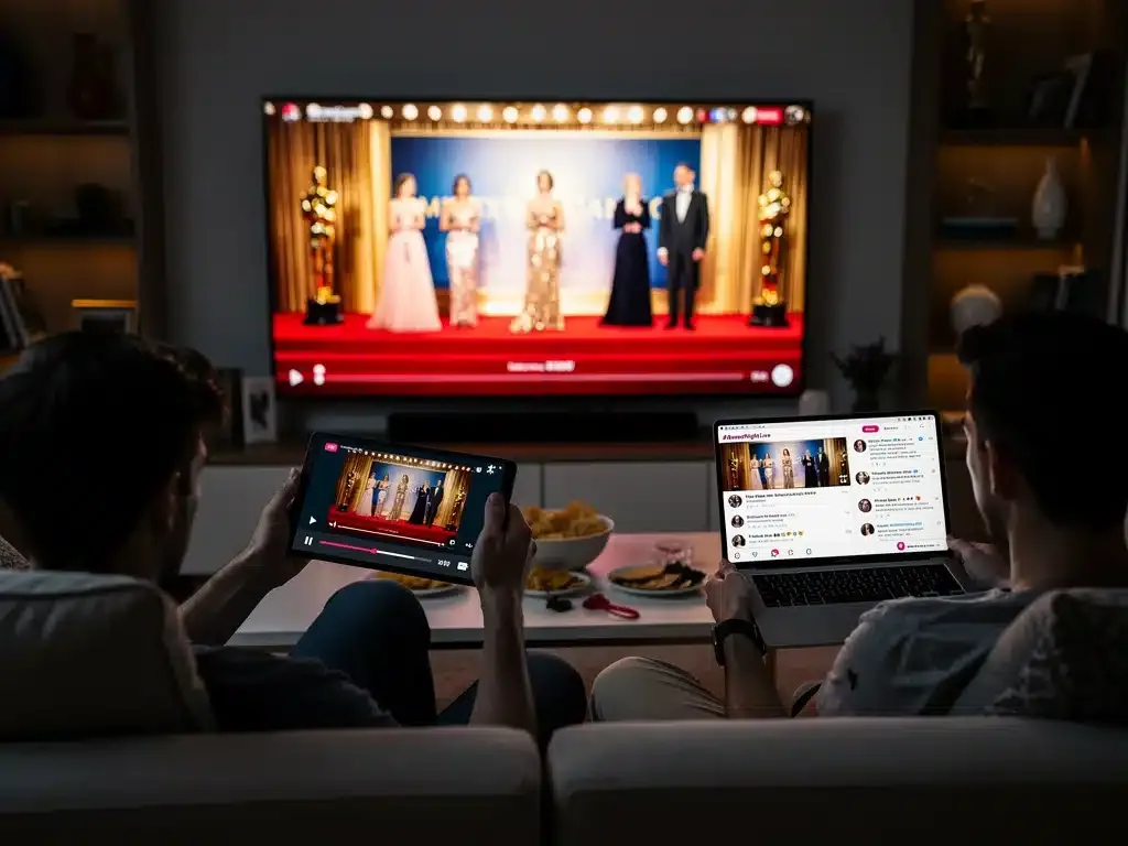 Multiple screens showing diverse audience engagement with live award shows.