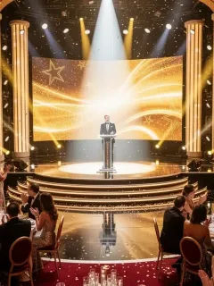Vibrant award show stage with spotlight and applauding audience members.