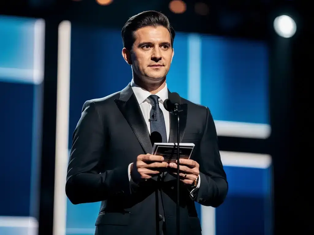 Award show presenter preparing for a speech in 2026