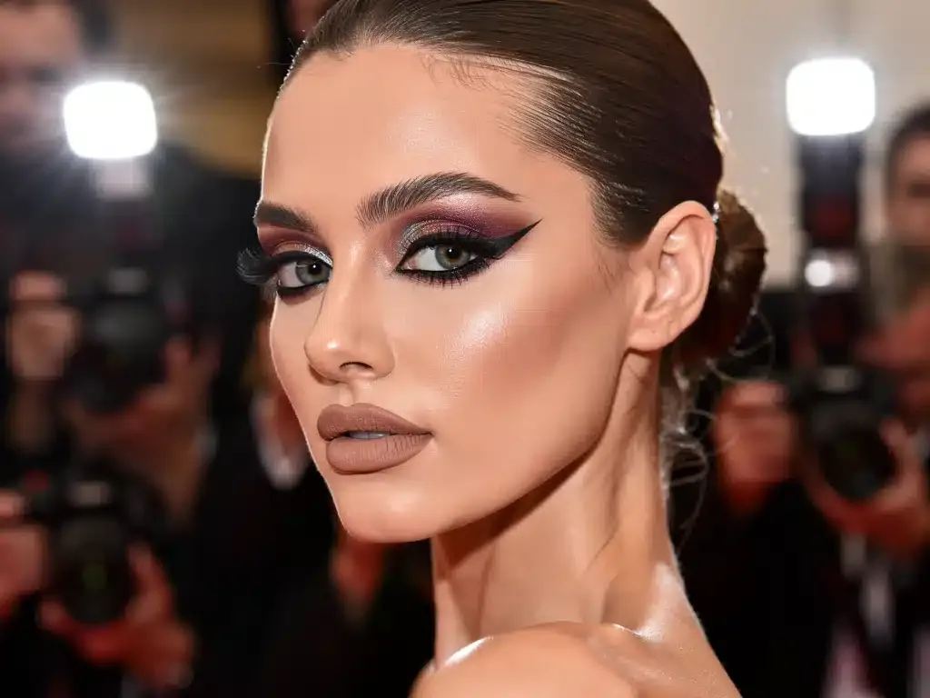 Celebrity with dramatic eye makeup on red carpet, 2026 trend