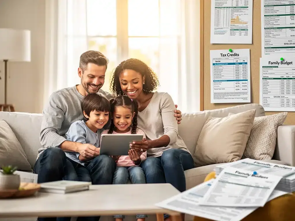 Family reviewing Child Tax Credit 2026 financial implications on tablet