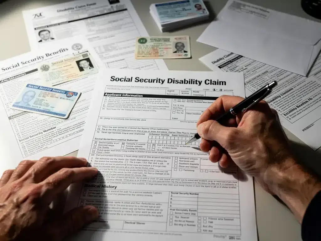 Hands completing Social Security disability application forms