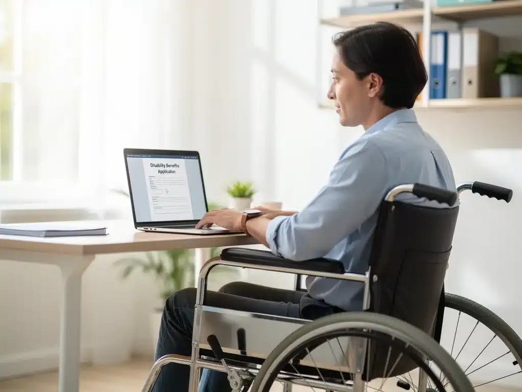 Person reviewing disability benefits application on laptop