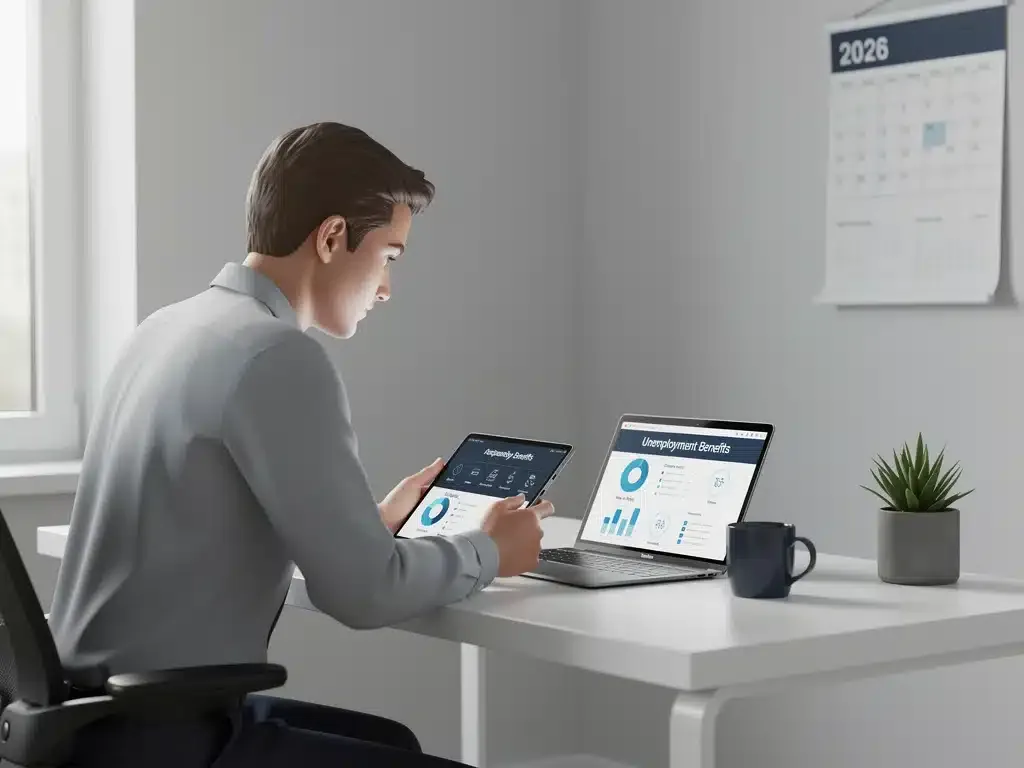 Person reviewing unemployment benefits information for 2026 on a tablet