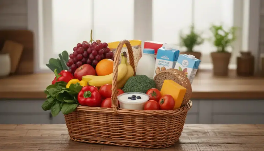 Basket filled with healthy WIC-approved foods like fresh produce, milk, and whole grains.