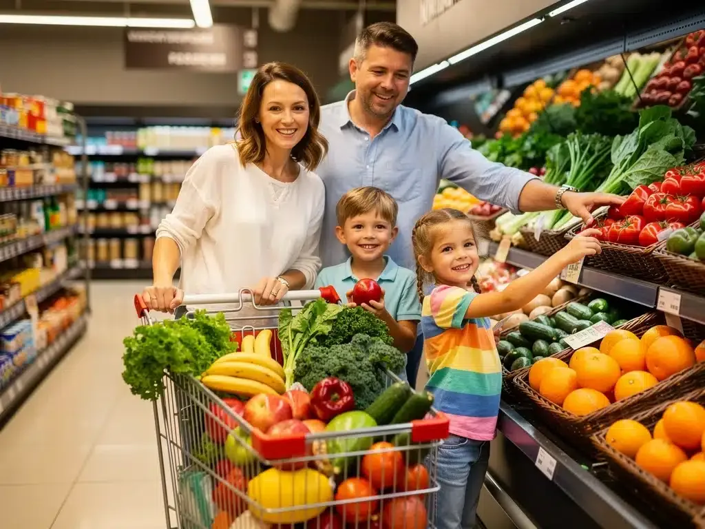 Diverse family happily selecting fresh produce in a bright grocery store, symbolizing healthy food access.