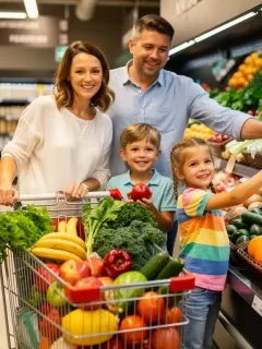Diverse family happily selecting fresh produce in a bright grocery store, symbolizing healthy food access.