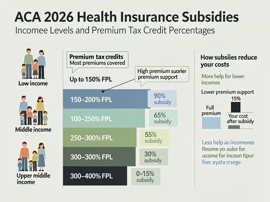 Infographic showing ACA 2026 subsidy eligibility and premium reduction by income.
